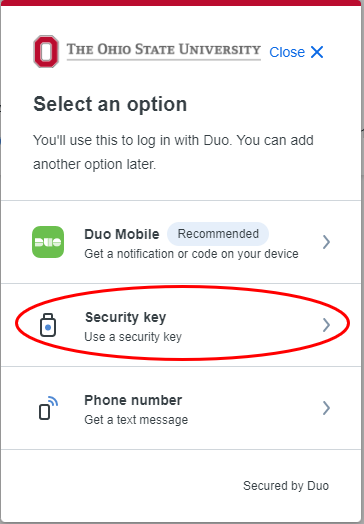 Add Device with Security Key selected