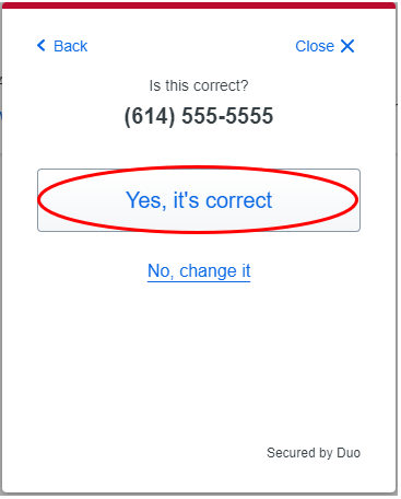 button to confirm phone number as correct is highlighted