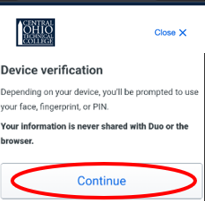 Device verification screen continue button highlighted