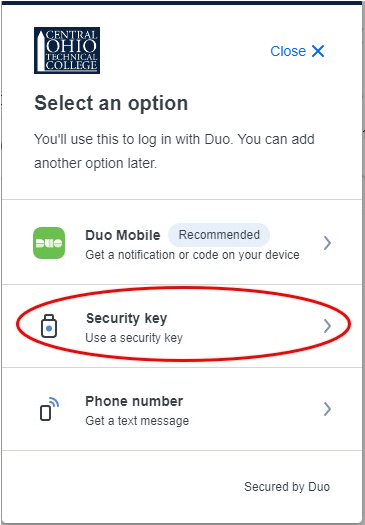BuckeyePass Duo Mobile with Security Key option highlighted