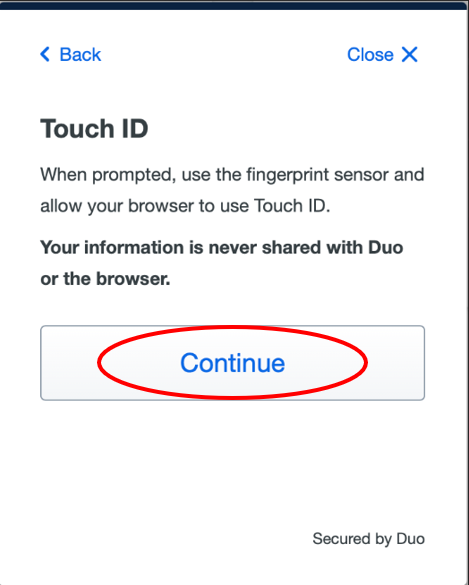 Add touch ID Window with Continue highlighted