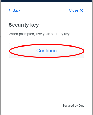 Security Key Continue window