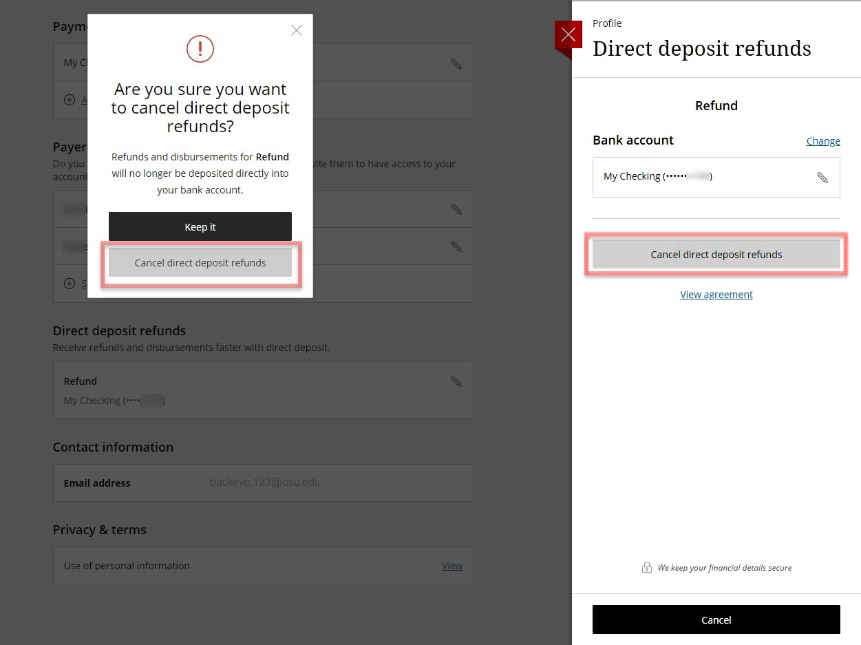The Ohio State University ePayment site CASHNet Direct deposit refunds panel. The information displayed includes Refund and Bank account. and Cancel Direct deposit refunds button. A Cancel button is at the bottom of the tab.