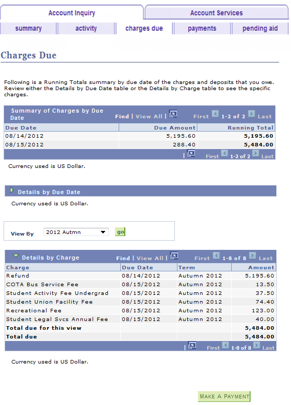 Account Inquiry -Charges Due tab