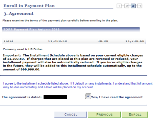 Enroll in Payment Plan Agreement Page. This page outlines the terms of the payment plan  and is step 3 of a four step process