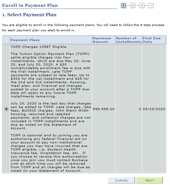 Enroll in a Payment Plan page step 1. This page highlights the payment plan options a student is eligible for. It is step 1 in a 4 step process.