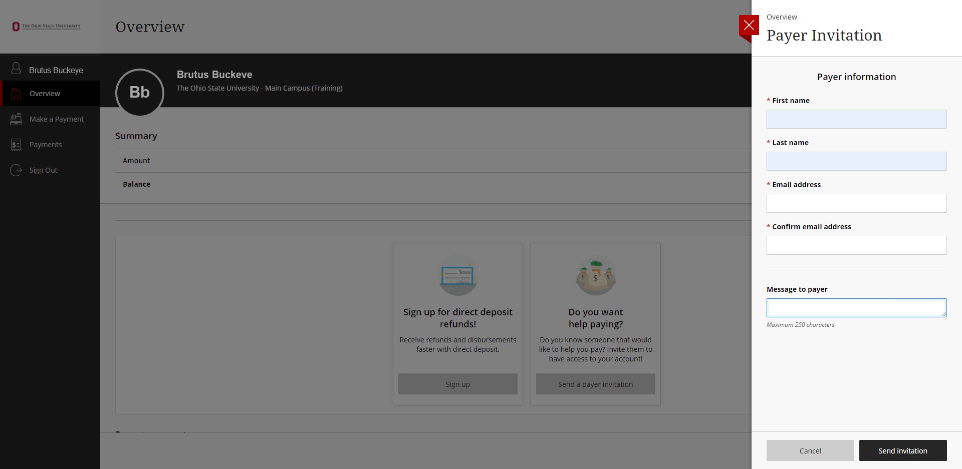 The Ohio State University ePayment site. landing page. A Payer Invitation tab is displayed.  Payer Information fields include: First name, Last name, Email address and Confirm email address and Message to payer (optional). A Cancel button and Send invitation button appear at the bottom of the Payer Invitation tab 