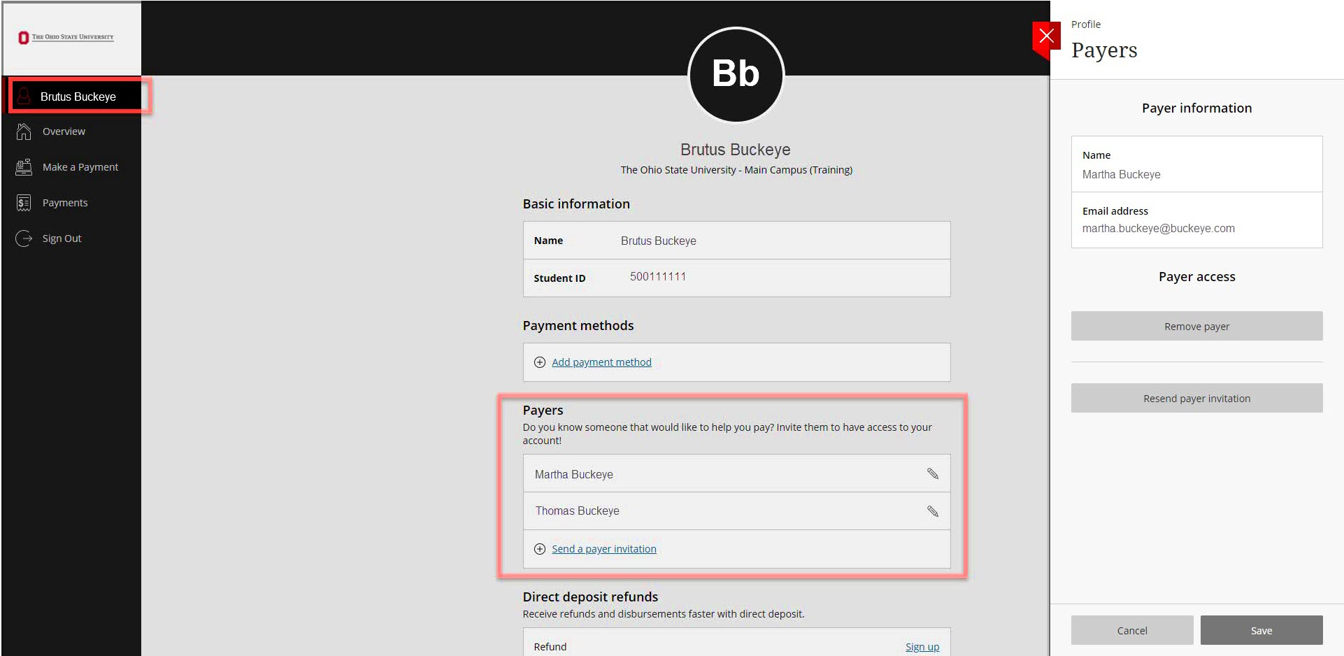 The Ohio State University ePayment site  guardian payers page. This page lists basic information about the student  (name and student ID), Payment methods and Payers. The Payers section is highlighted as well as the student name which appears at the top of the navigation panel on the left panel. The right tab contains a profile of a payer including their name and email address.  A Payer access area beneath the Payer Information  area contains a remove payer button and resend payer information. A cancel and 