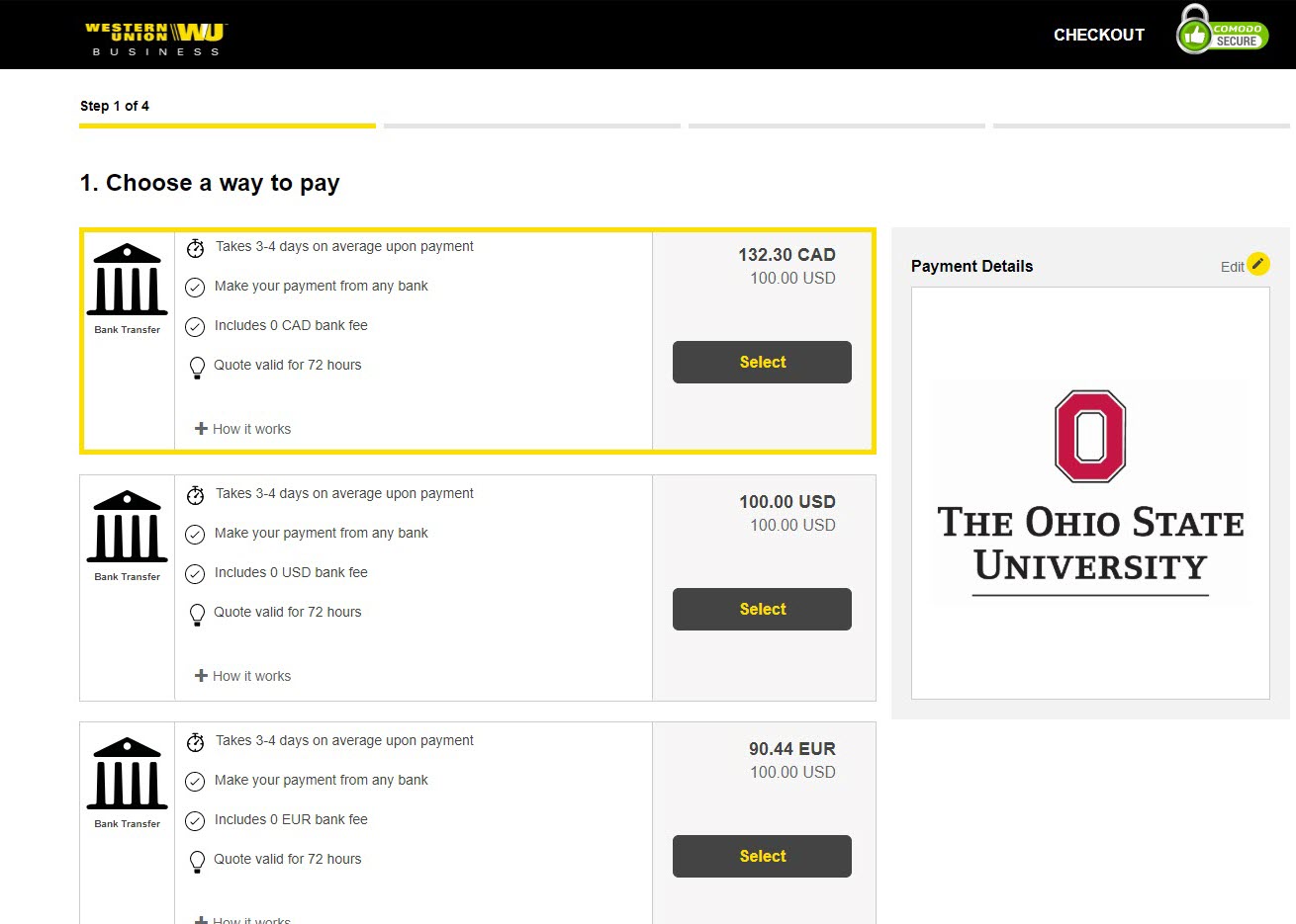 Step 1 of 4 o Choose a way to pay page of the get a quote process on The Ohio State University Western Union payment portal. Various bank transfer scenarios are displayed. in different currencies. Each option has a select button. 