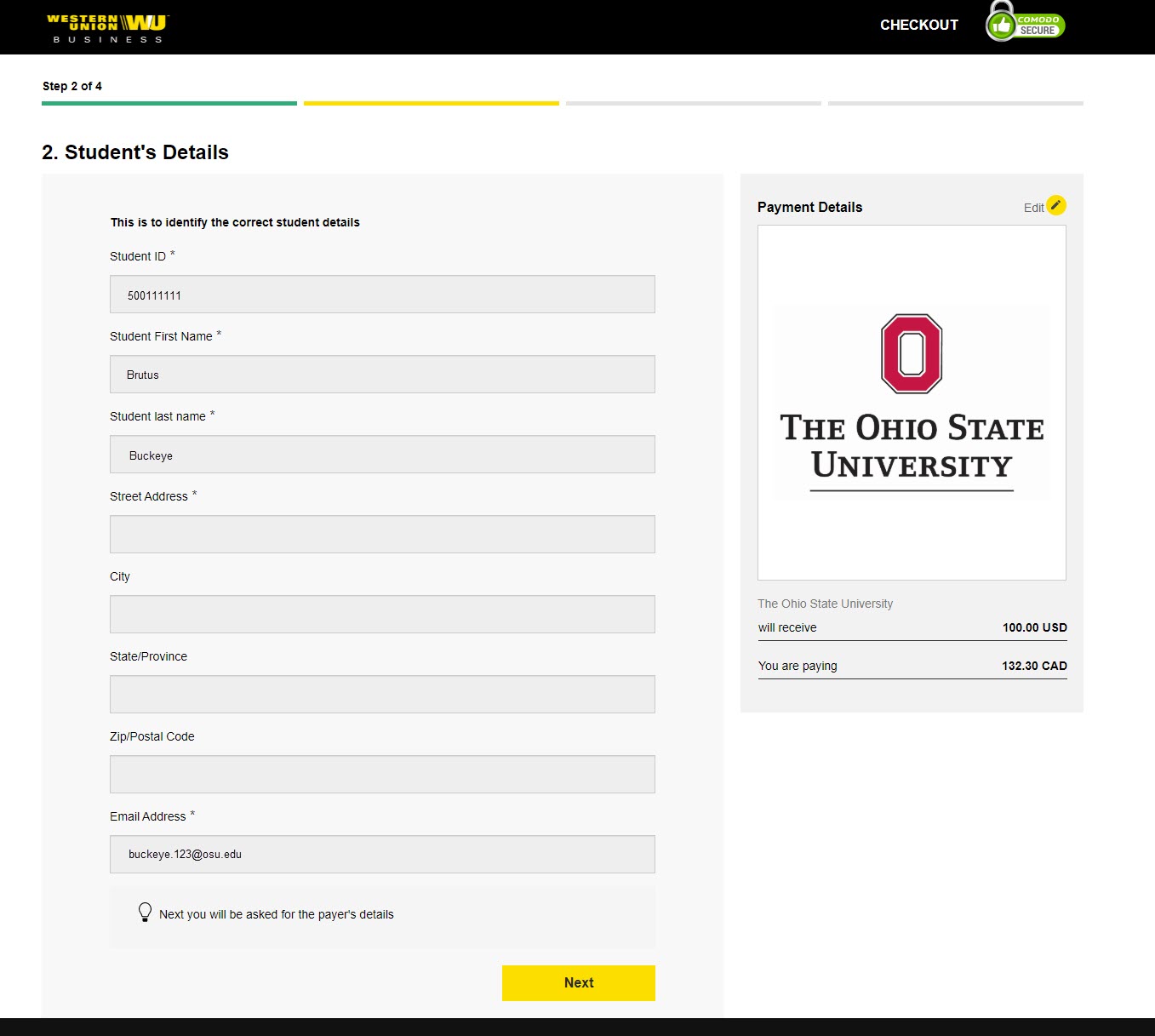 The Ohio State University Western Union payment portal, Step 2 of 4 of the Get a quote process - Student Details page. This page is to identify the correct student details. Fields include: Student ID, Student First Name, Student last name, Street Address, City, State/Province, Zip/Postal Code and E-mail Address. The Next button appears at the bottom of the page. 