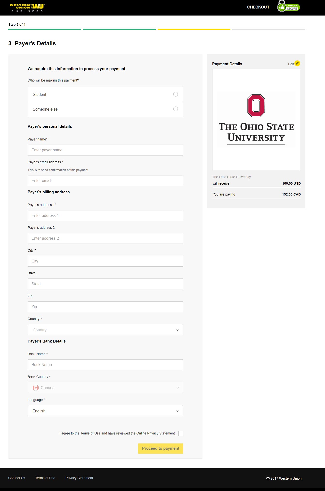 The Ohio State University Western Union payment portal, Step 2 of 4 of the Get a quote process - Student Details page. This page is to identify the correct student details. Fields include: Student ID, Student First Name, Student last name, Street Address, City, State/Province, Zip/Postal Code and E-mail Address. The Next button appears at the bottom of the page. 