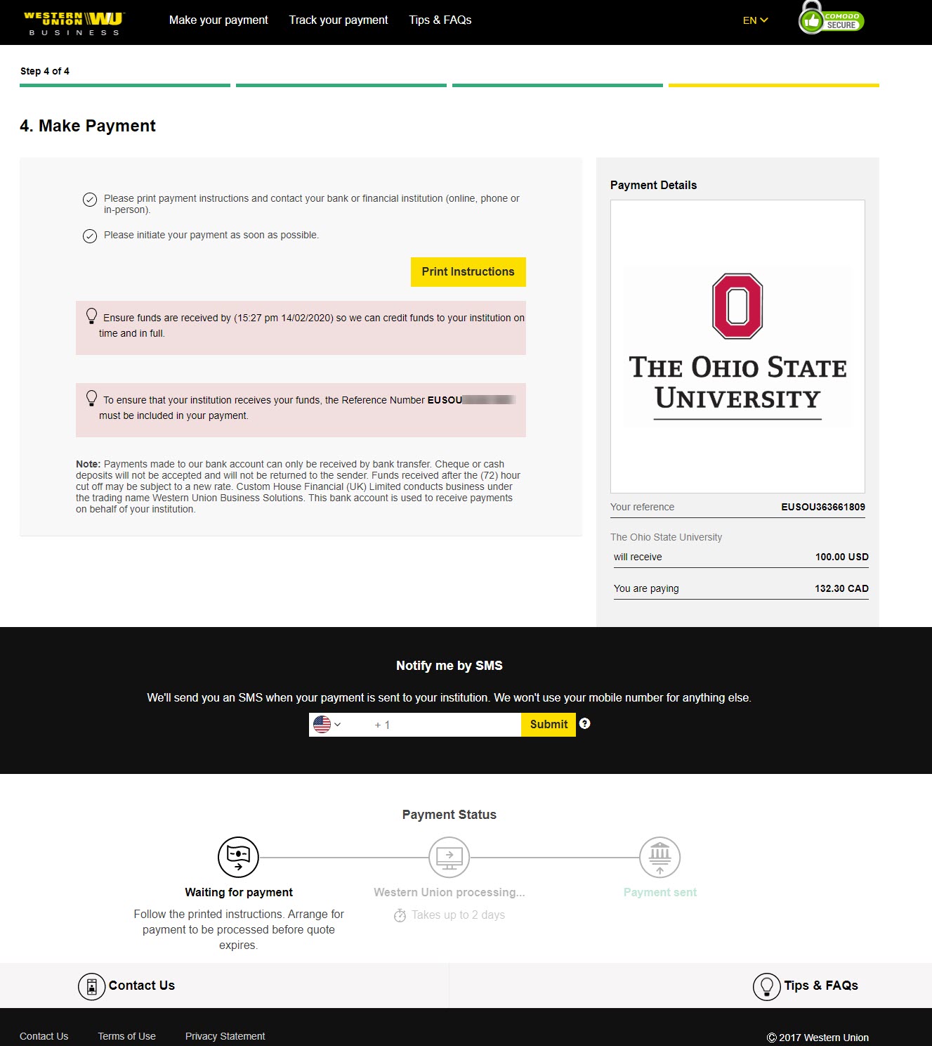 The Ohio State University Western Union payment portal, Step 4 of 4 of the Get a quote process - Make a Payment page. This page contains a Print instructions button. and a Notify me by SMS  and a field to enter a phone number and a submit button
