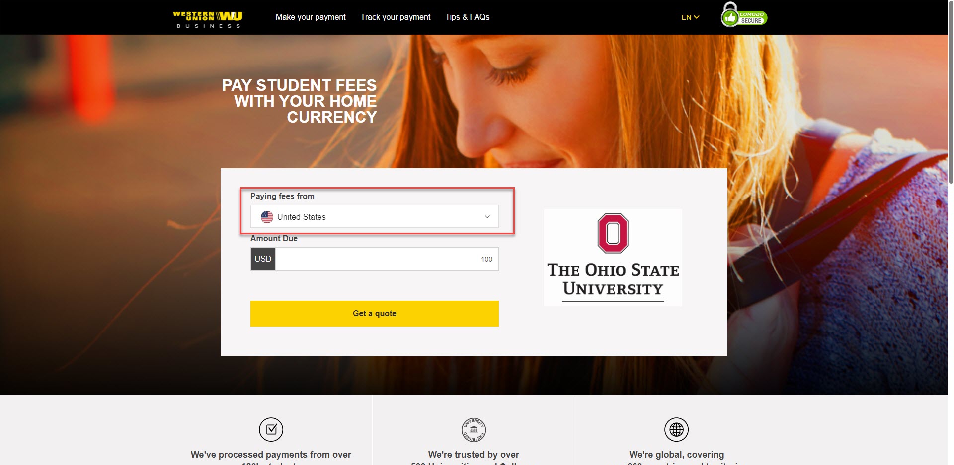 The Ohio State University Western Union Payment portal. The payment portal contains a drop-down menu for paying fees from a selection of companies and Amount Due field to enter the amount and a Get a quote button.
