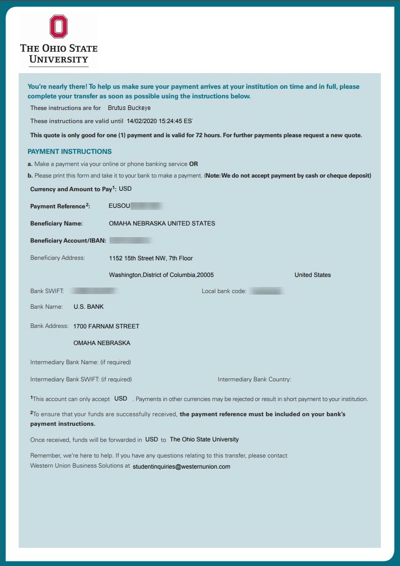 The Ohio State University Western Union payment portal, Step 4 of 4 of the Get a quote process - Make a Payment page. This page contains a Print instructions button. and a Notify me by SMS  and a field to enter a phone number and a submit button