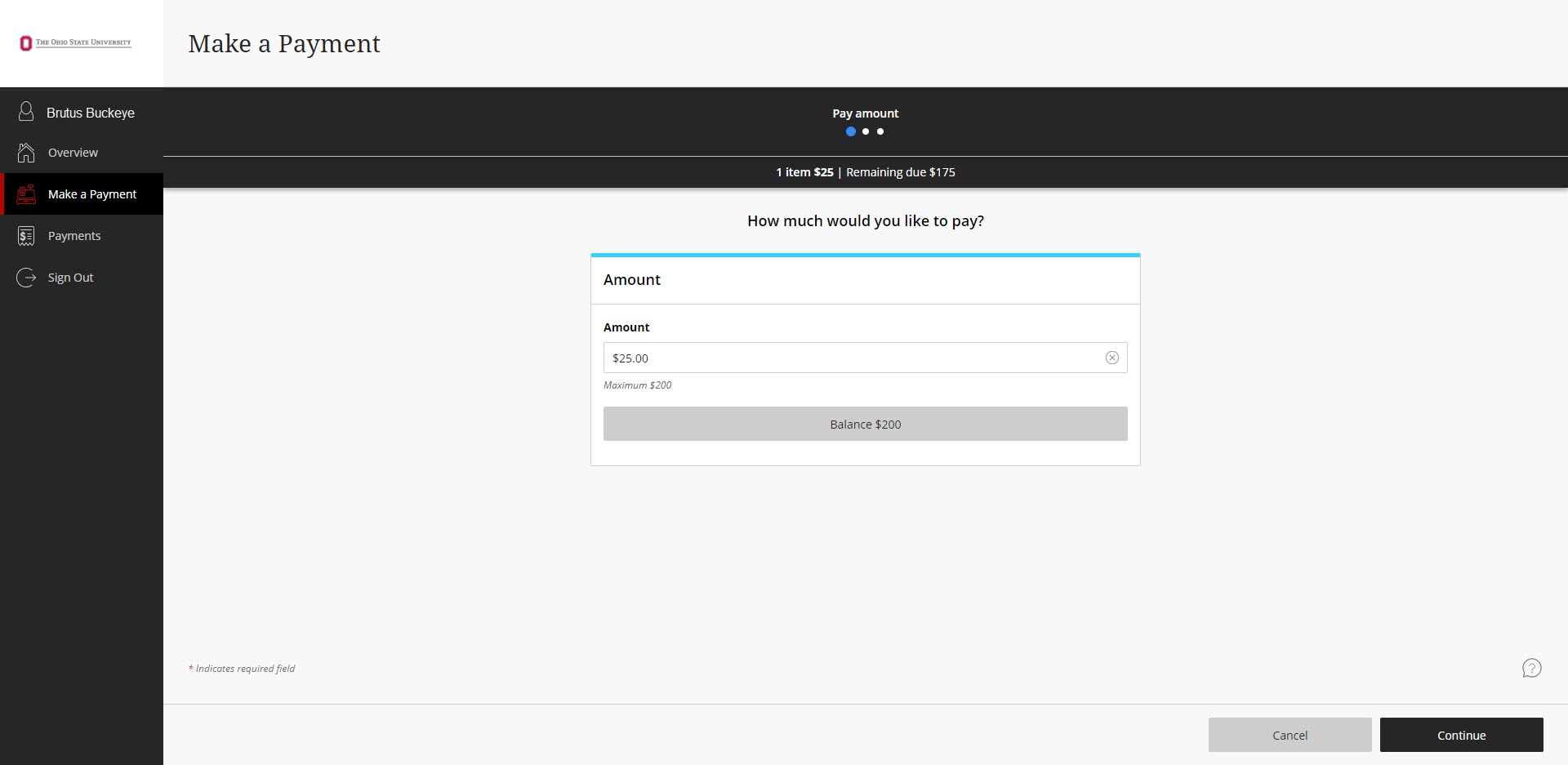 The Ohio State University ePayment page Pay amount screen. Text includes How much would you like  to pay? Fields inclue Amount. A button with the Balance available is shown.