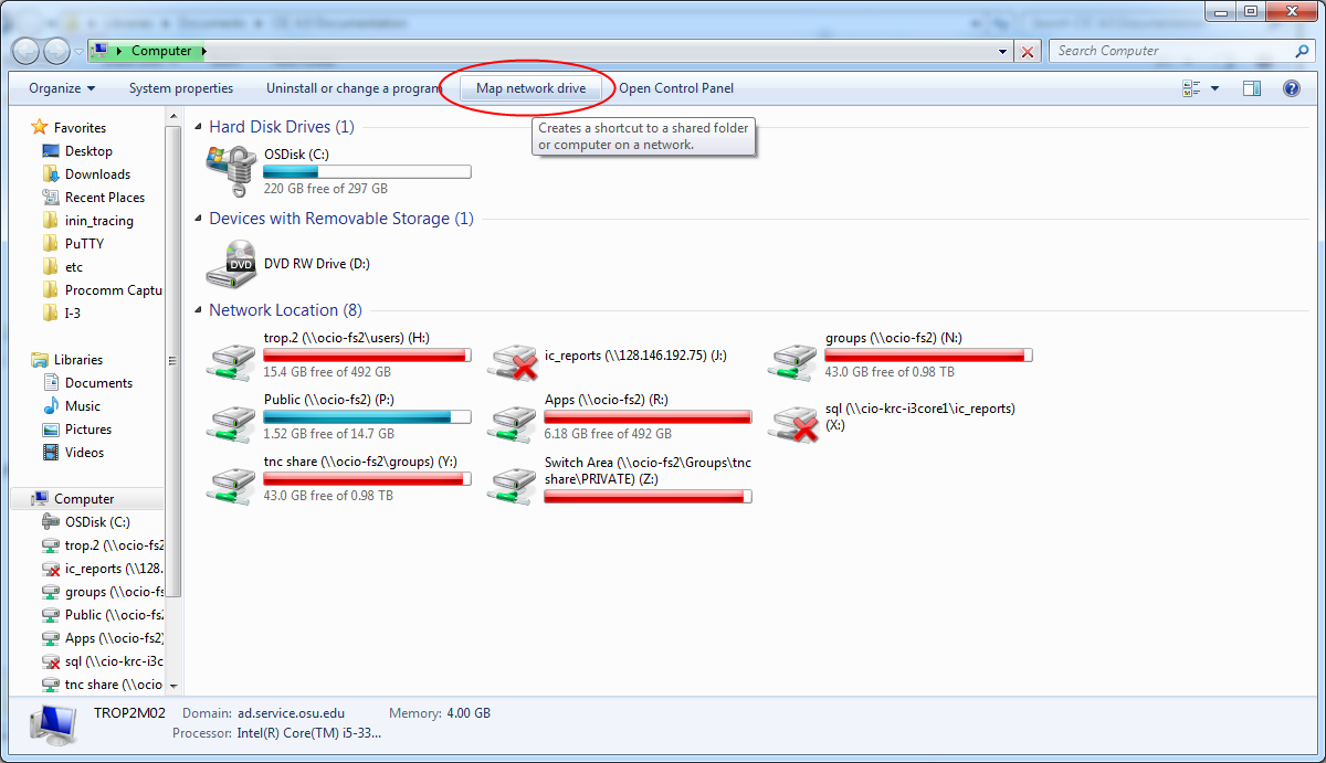 My Computer window showing map network drive button