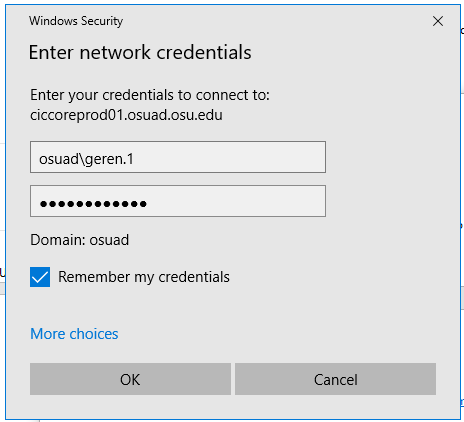 windows authentication screen for CIC