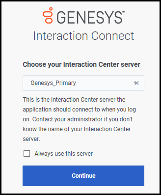 Web Client Server Selection screen