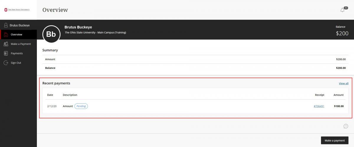 The Ohio State University ePayment site CASHNet Overview page. This page displays a Summary which consists of Amount and Balance another section displays Recent payments. A Make a payment button is at the bottom of the page.