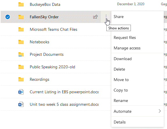 Action menu in OneDrive