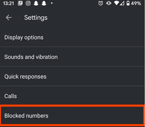 Blocked Number option highlighted in the Settings Menu on Android