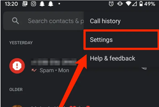 Setting option highlighted in the Android menu