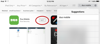 iOS store with Get button circled for Duo Mobile