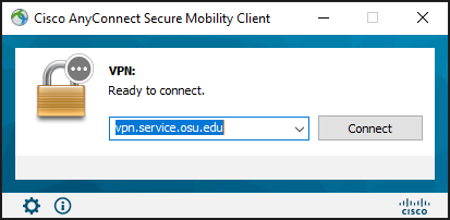 Cisco AnyConnect VPN screen with the vpn address displayed