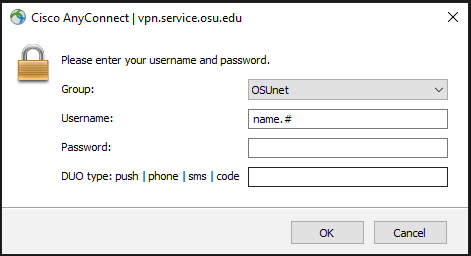 Cisco anyconnect log in screen asking for username and password with Duo Type