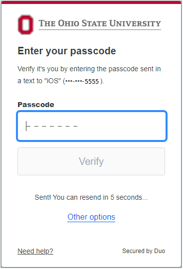 Enter passcode field in duo app with verify button highlighted