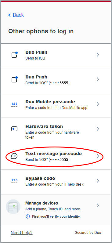 Text message passcode button highlighted for authentication