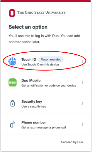 Touch ID recommended option with a Touch ID authentication in Duo