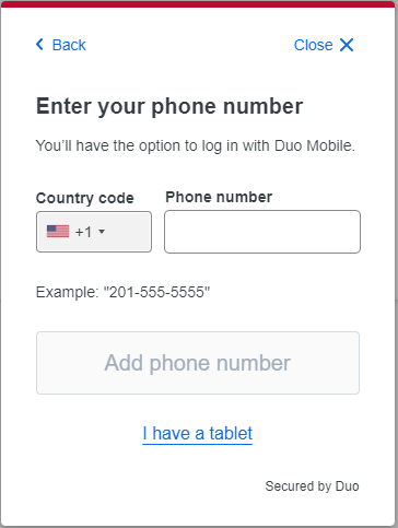 Enter your phone number screen for registering on Duo Mobile
