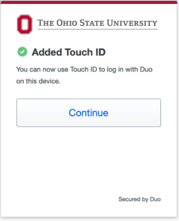 confirmation window that Touch ID set up is complete.
