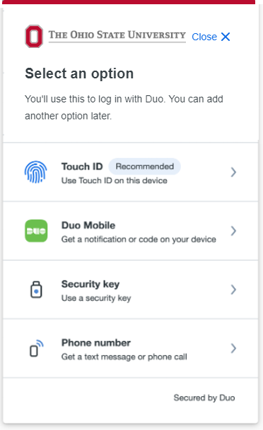 select device type screen with Touch ID recommended due to device type