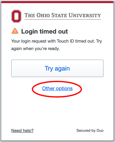 Other options link highlighted in the time out error window