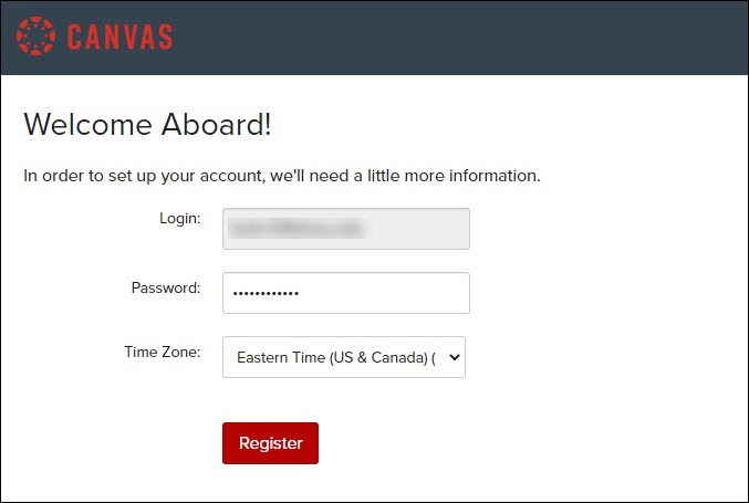 Image of the ScarletCanvas account registration screen with the user's login, password, and time zone shown, as well as the Register button.