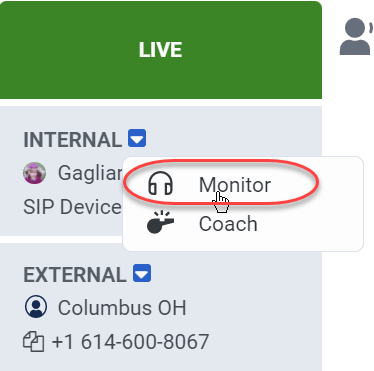 monitor call option in the internal connection window