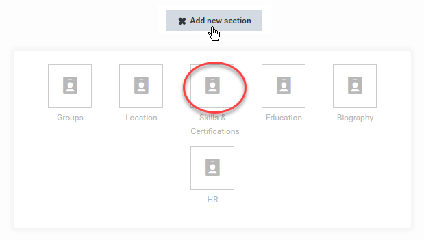 Add new section button selected on the profile showing all of the different sections that can be added. Skills and Certifications are highlighted because that is the section that will be added in this example