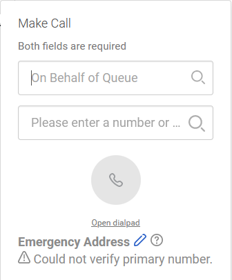 New call pop up showing two fields one for calling from and one for calling to
