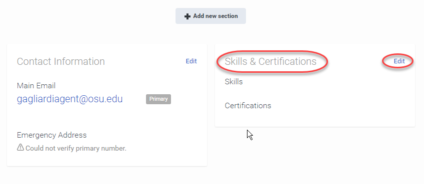 Skills and Certification section added to the profile with the blue edit link highlighted.