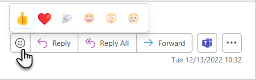 outlook reactions bar from an email, the mouse is hovering over the face icon to show the different reactions.