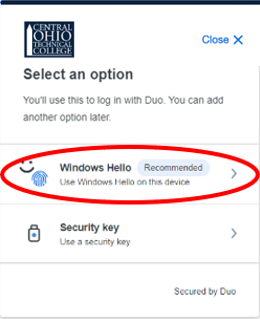 BuckeyePass Windows Hello option highlighted