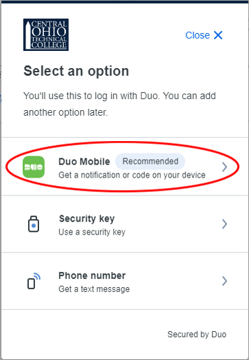 Select Option window for COTC BuckeyePass with Duo Mobile Highlighted
