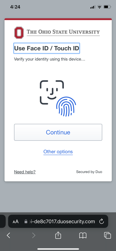 Use Face ID/Touch ID dialogue box with continue button