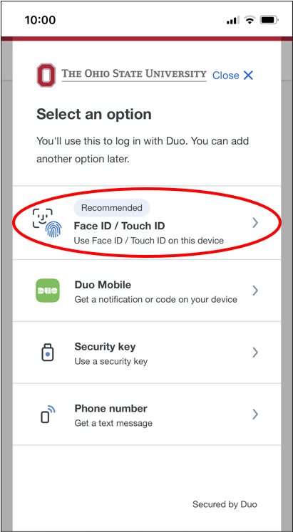 Select an Option Face ID/Touch ID selected