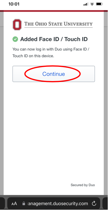 Image of Added Face ID/Touch ID success and continue button 