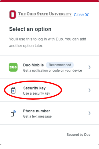 Select and option image with Security key highlighted