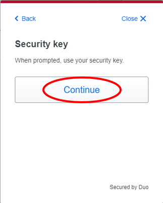 Image of Security key Continue button
