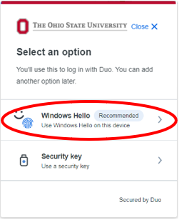 Image of Select an option Windows Hello highlighted